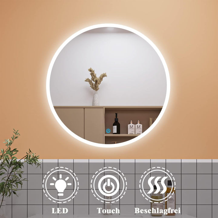 Aica Sanitär LED Badspiegel RUND Rund 80cm Touch Anti-Beschlag Wandspiegel Runder Spiegel Kaltweiss