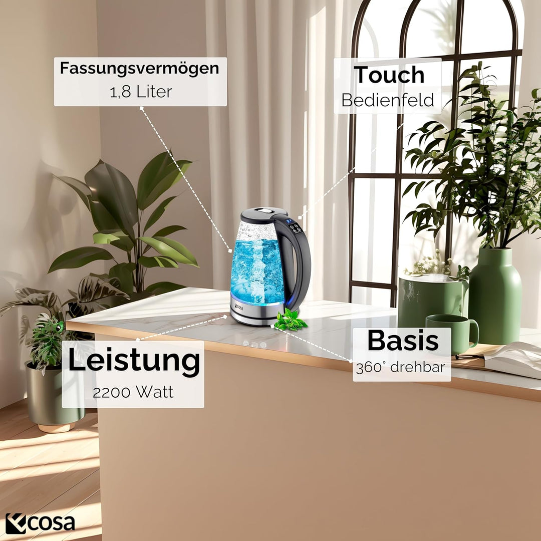 Ecosa® Wasserkocher mit temperatureinstellung Glas Edelstahl - 1,8 Liter 2.200 Watt - BPA Frei mit T