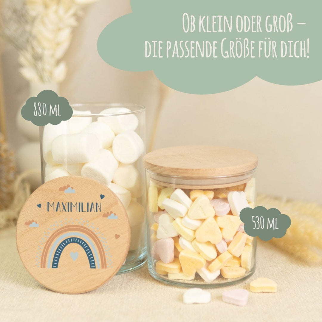 GRAVURZEILE Vorratsglas mit bedrucktem Holzdeckel - Regenbogen Rot - Personalisiert mit Name & Datum