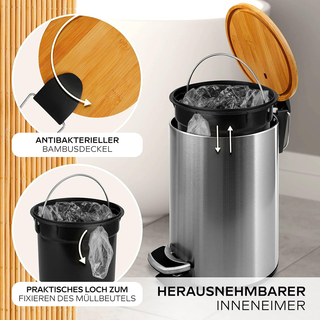 HIBATH® Kosmetikeimer aus Edelstahl mit Bambusdeckel (3 Liter, silber) - Badezimmer Abfalleimer mit