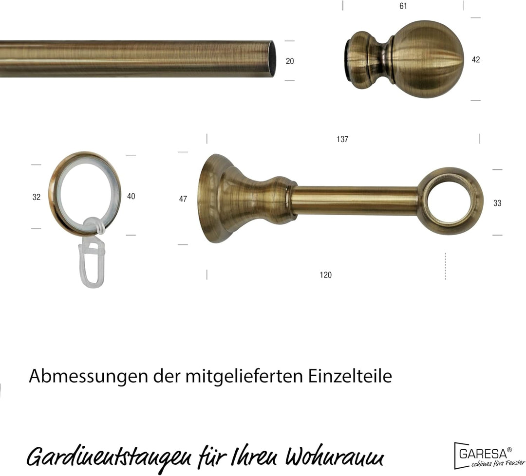 Garesa Gardinenstange Andrea Ø 20mm, 1-läufig, Messing, antik I Stabile Vorhangstange inkl. Ringe +