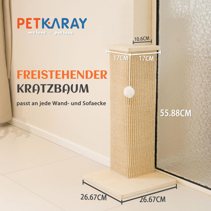 PETKARAY Eck-Kratzbrett für Katzen, 56 cm Hoher Kratzpfosten für Sofa und Wand, Sisal Kratzmatte, Mö