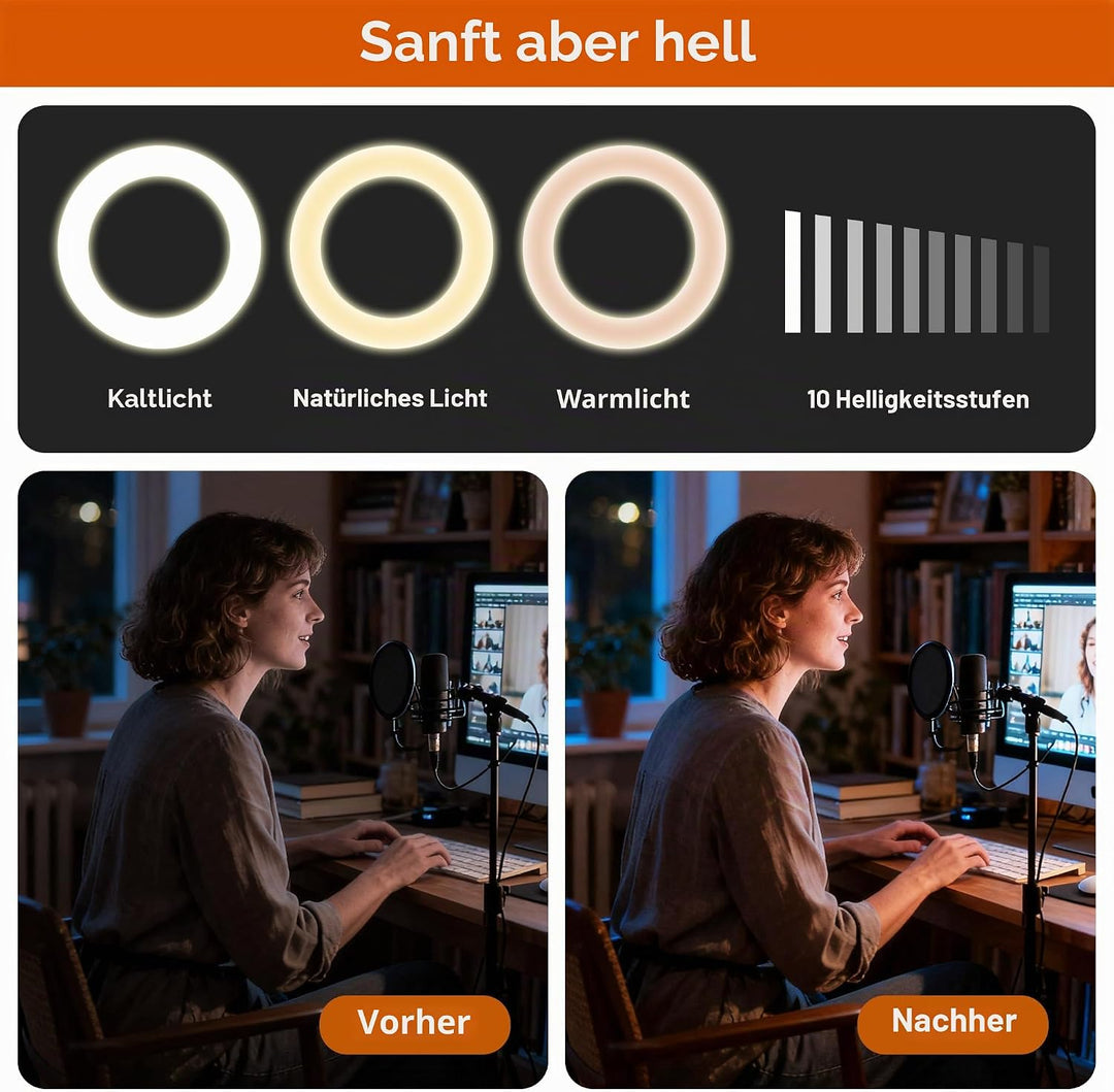 Ringlicht mit Stativ, 6 Zoll LED Ring Light mit 3 Lichtfarben und 10 Helligkeiten, Selfie Licht für