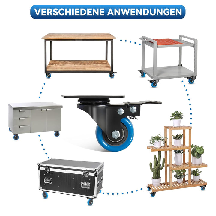 50mm Blaue Möbelrollen - 4er Set Lenkrollen bis 300KG Industrierollen mit Bremsen inklusive Montagez