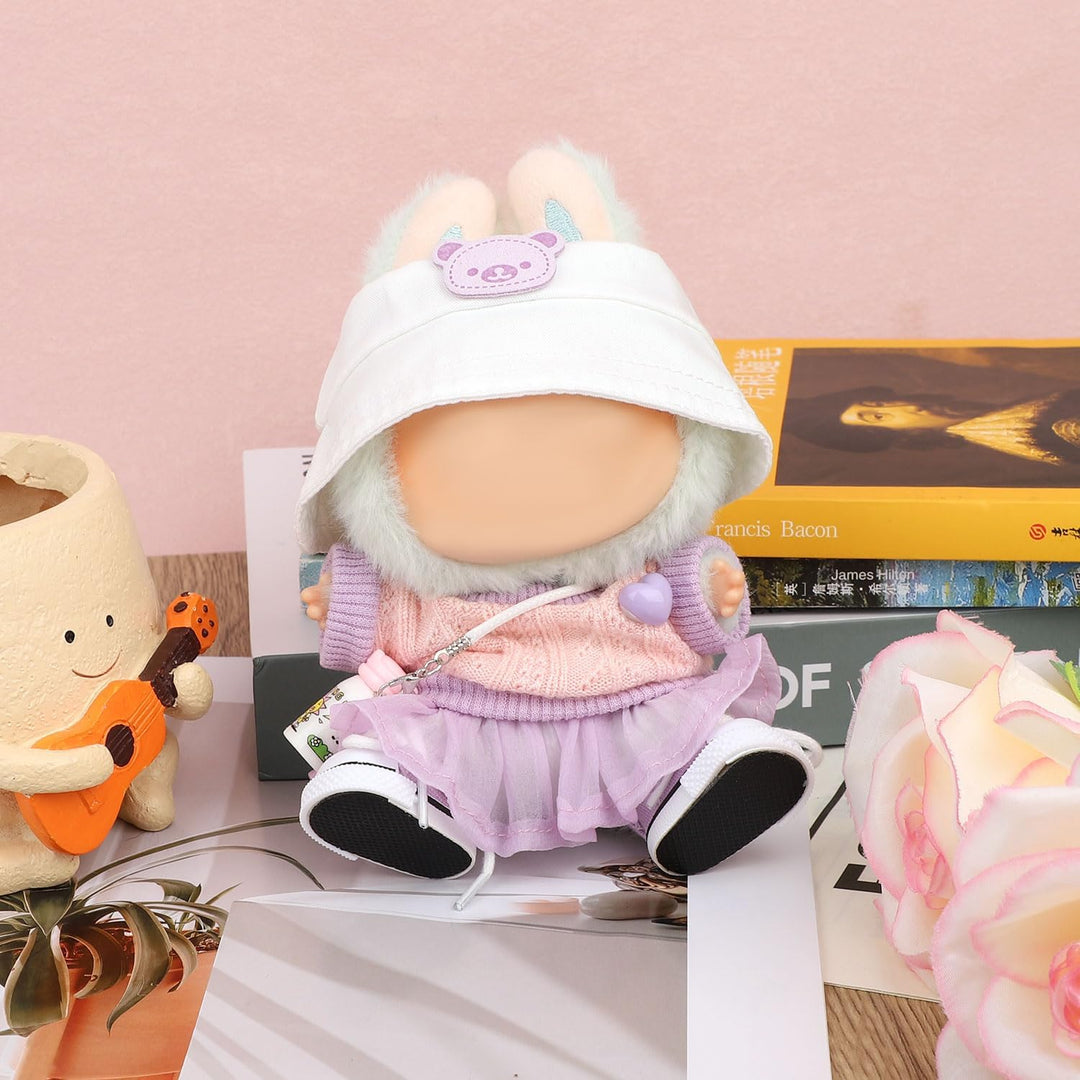 BOXOB Plüschpuppen Kleidung Set, 5stk Kawaii Outfit Enthält Pullover, Lila Tüllrock, Hut, Kleine Was