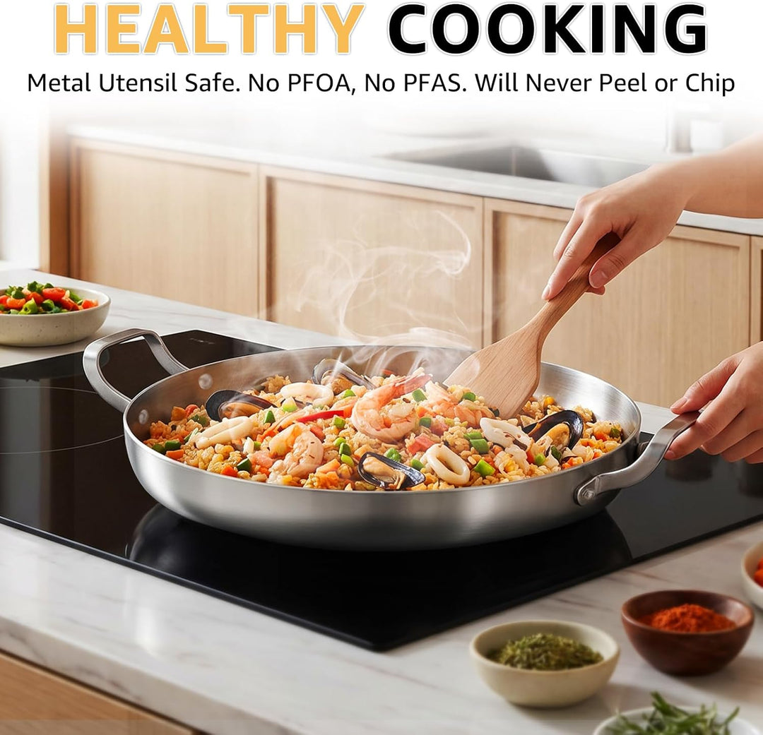 Inqibee Paella Pfanne 30 cm mit Deckel, Edelstahl Paellapfannen, Edelstahlpfanne Unbeschichtet, Stai
