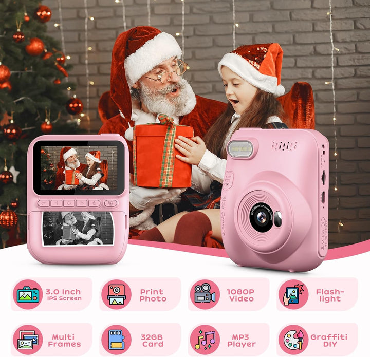 GREENKINDER Sofortbildkamera Kinder,14MP 3.0 Zoll Bildschirm Kinderkamera Sofortbildkamera mit 32G K