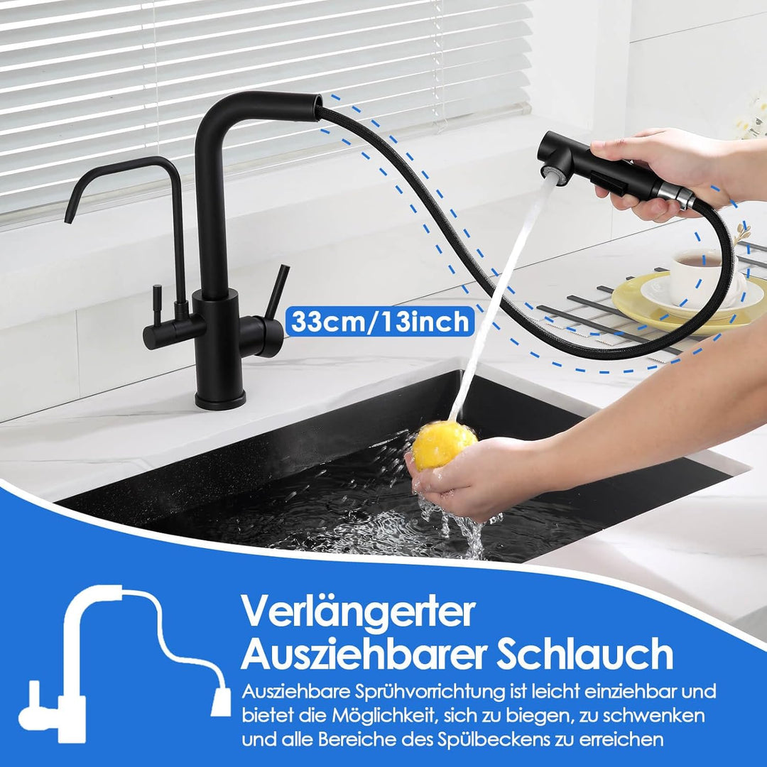 ROVOGO 3 Wege Wasserhahn Küche Edelstahl 304 mit Herausziehbare Dual-Spülbrause, Hochdruck Schwarz K