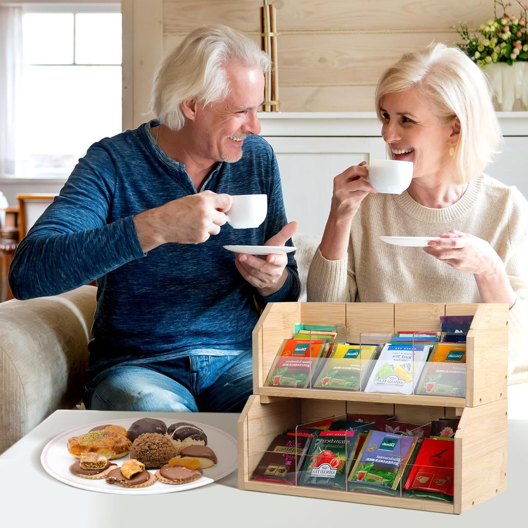 Teebox aus Bambus mit 8 Staufächern für 140 Teebeutel,2 Tier Vertikaler Tee Organizer,Teeboxen für T
