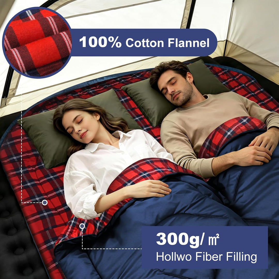 Flanell Doppelschlafsack,Schlafsack 2 Personen 230x160cm | 100% Baumwolle Futter,wasserabweisend,4 J