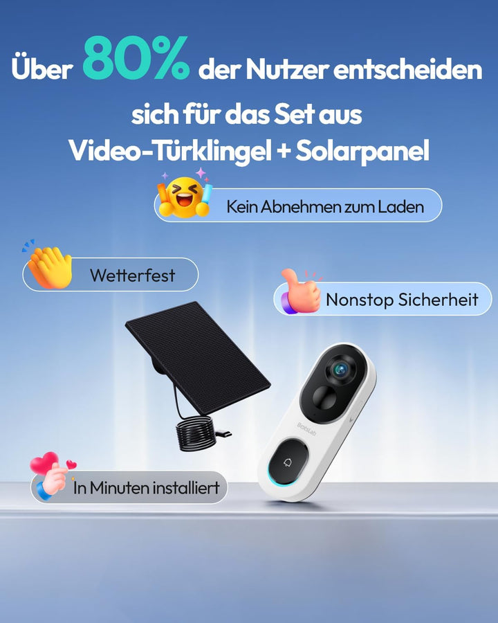 BOTSLAB 2K Akku Solar Türklingel mit Kamera, 100% Kabellose Video Türklingel mit Solarpanel, Kopf-bi