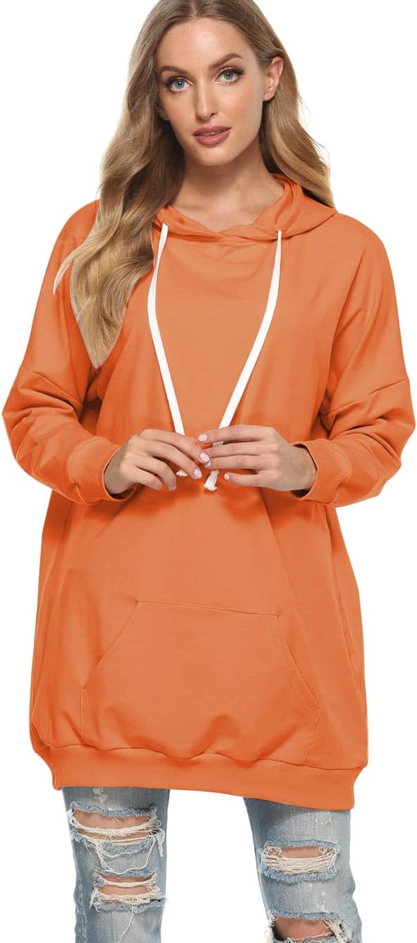 Famulily Damen Oversized Hoodie Kleid Baumwolle Lang Sweatshirt mit Kapuze Einfarbige Kapuzenpullove