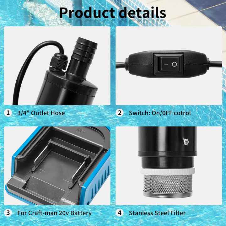 Tragbare Wasserpumpe Akku für Einhell 18V, 30L/min | Schmutzwasserpumpe, Edelstahl-Filter, Mini Tauc