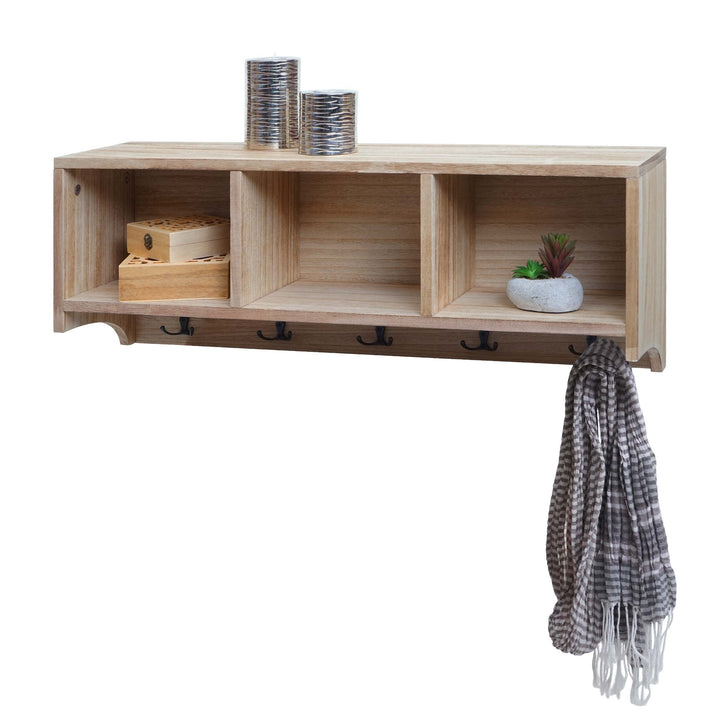 Mendler Wandregal HWC-K49, Garderobe Wandgarderobe Regal, 3 Staufächer 5 Haken 30x80x20cm Holz - nat