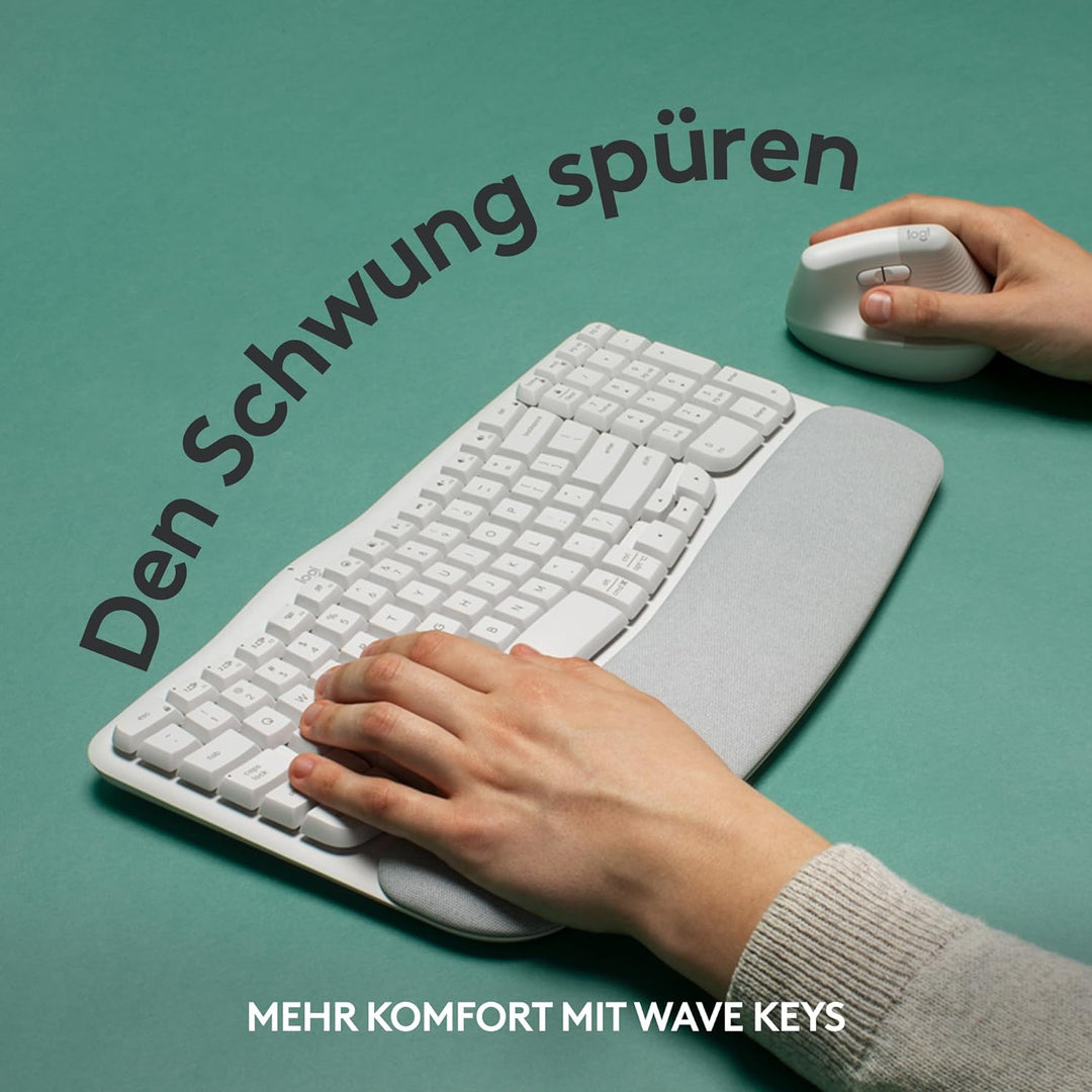 Logitech Wave Keys kabellose ergonomische Tastatur, gepolsterte Handballenauflage, komfortables natü