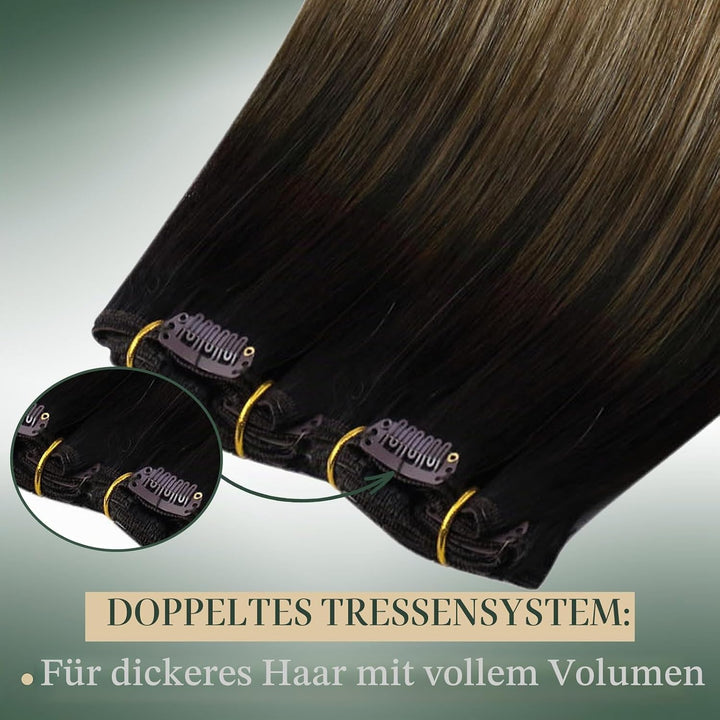 Ugeat Clip in Extensions Echthaar Balayage Braun Glatt Clip in Haarverlängerung Mittelbraun Balayage