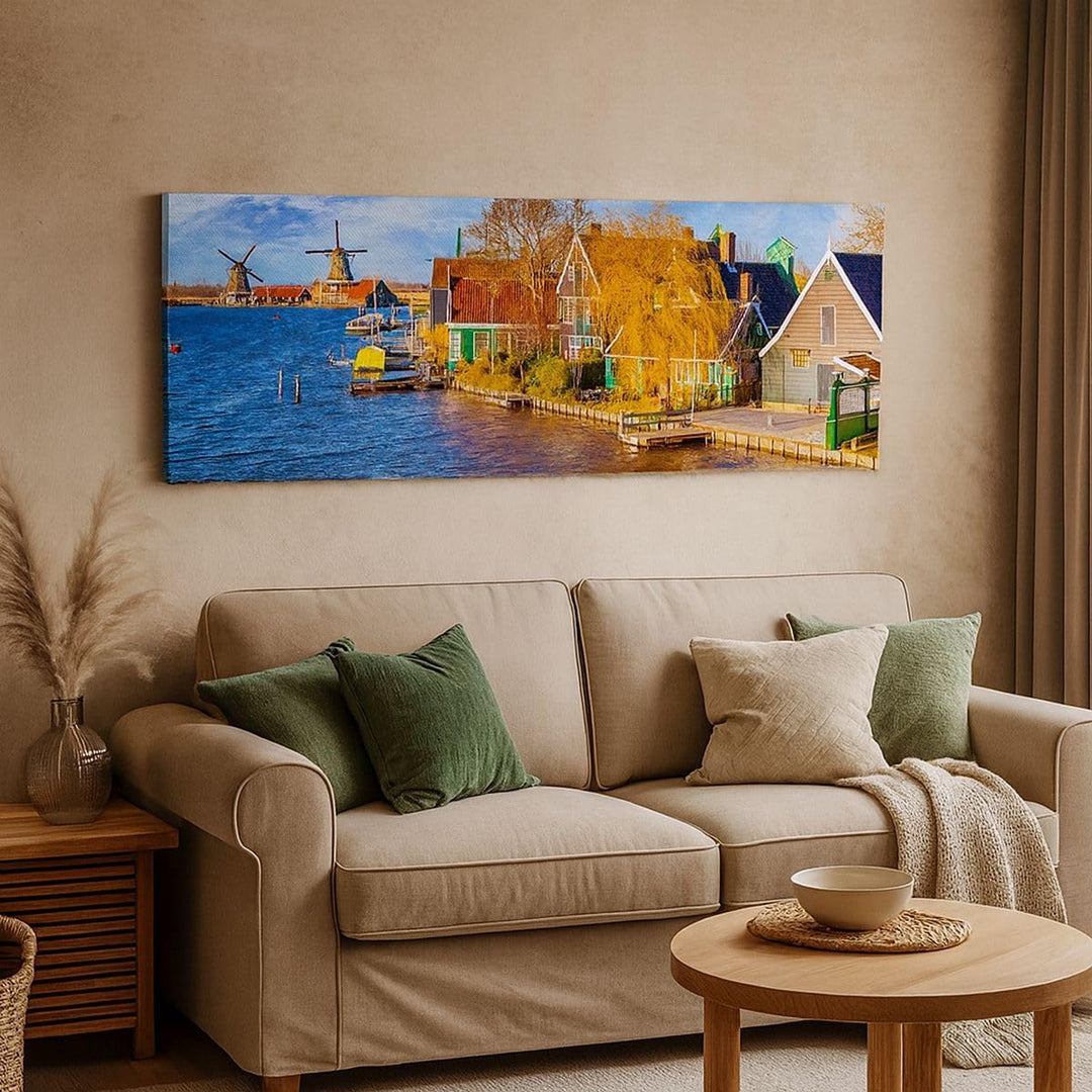 Wandbilder Dekoration Wohnzimmer Landschaft Windmühle Wasser Dorf Panorama Bilder auf Leinwand 120x5