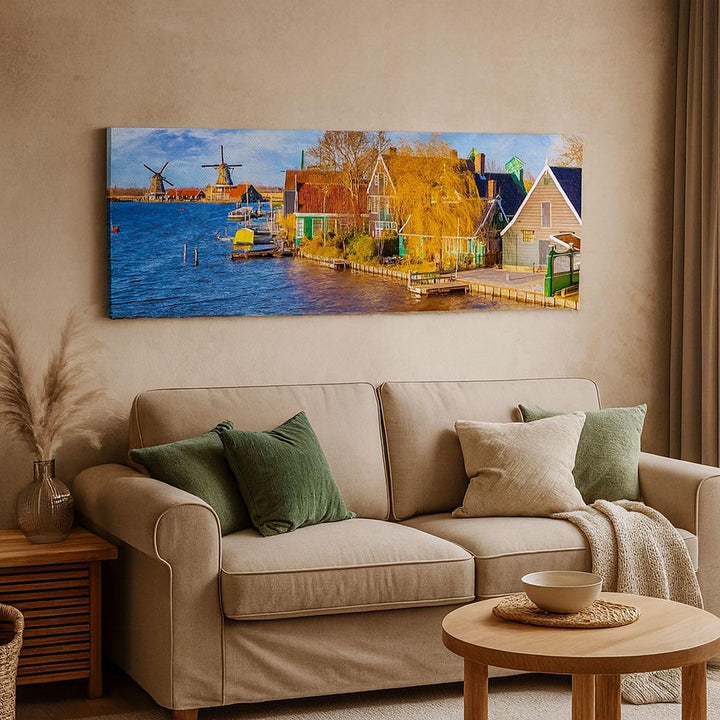 Wandbilder Dekoration Wohnzimmer Landschaft Windmühle Wasser Dorf Panorama Bilder auf Leinwand 120x5