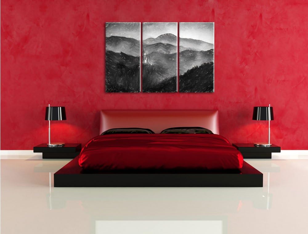 Pixxprint Buddha Bild im Tal der Dunkelheit Kunst Kohle Effekt 3-Teiler Leinwandbild 120x80 Bild auf