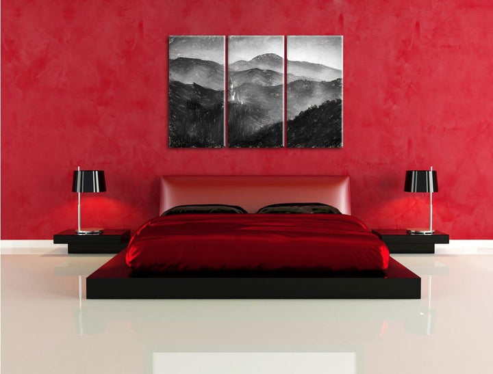 Pixxprint Buddha Bild im Tal der Dunkelheit Kunst Kohle Effekt 3-Teiler Leinwandbild 120x80 Bild auf