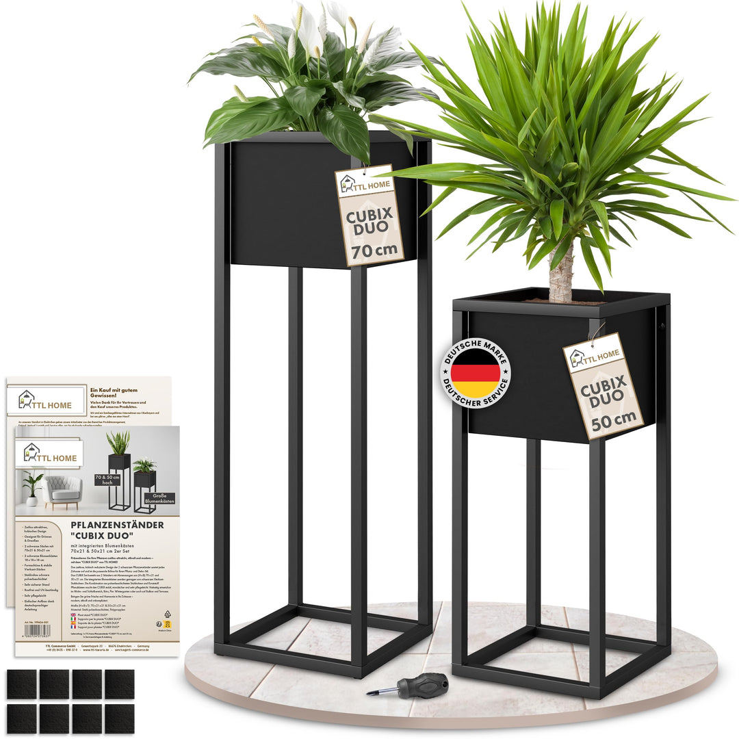 Blumenständer CUBIX DUO 2er Set - Pflanzenständer Metall schwarz 50 und 70 cm hoch - Design Blumento