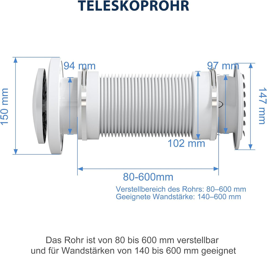 100 mm passives Lüftungsgitter für eine kühle energieeffiziente Umgebung, mit Teleskoprohr aus Alumi
