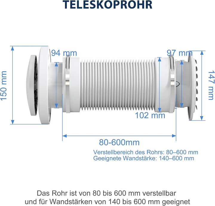 100 mm passives Lüftungsgitter für eine kühle energieeffiziente Umgebung, mit Teleskoprohr aus Alumi