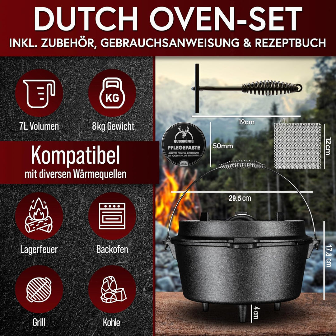 Dutch Oven Set [7L] - Eingebrannter Feuertopf mit praktischem Deckelheber und Füssen, 7 Liter