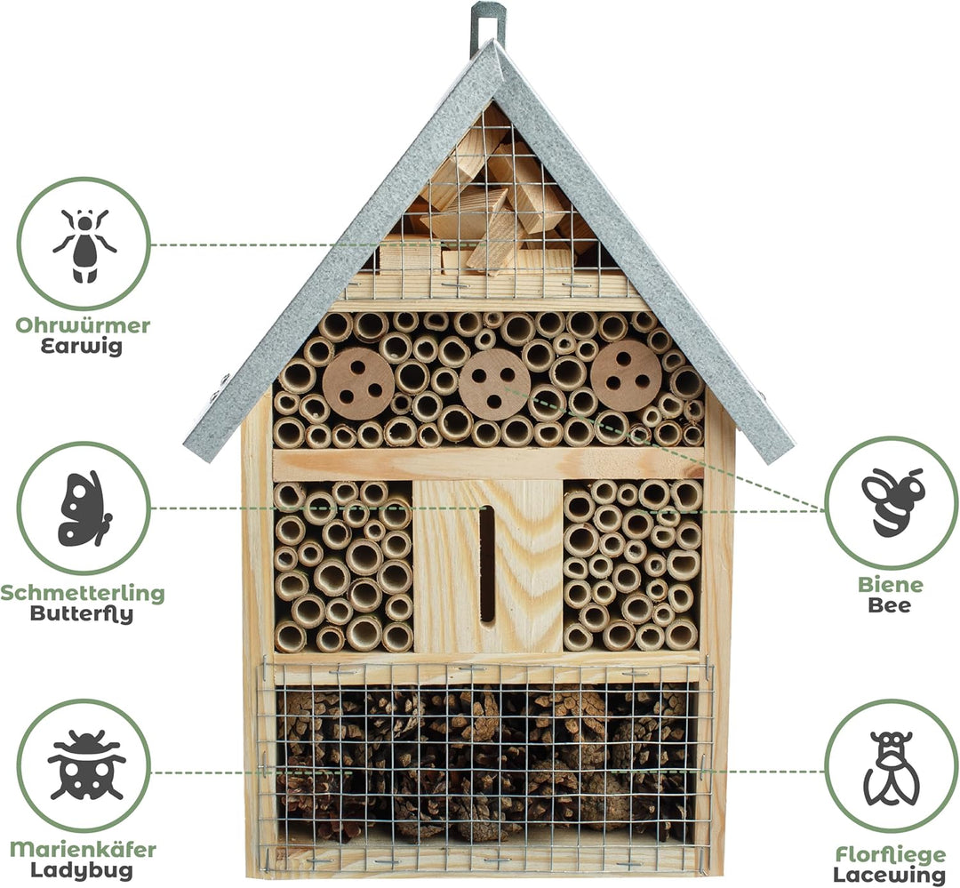 BOGATECO Gross Insektenhotel Bienenhotel aus Naturholz & Metall, zum Aufhängen für Bienen, Marienkäf