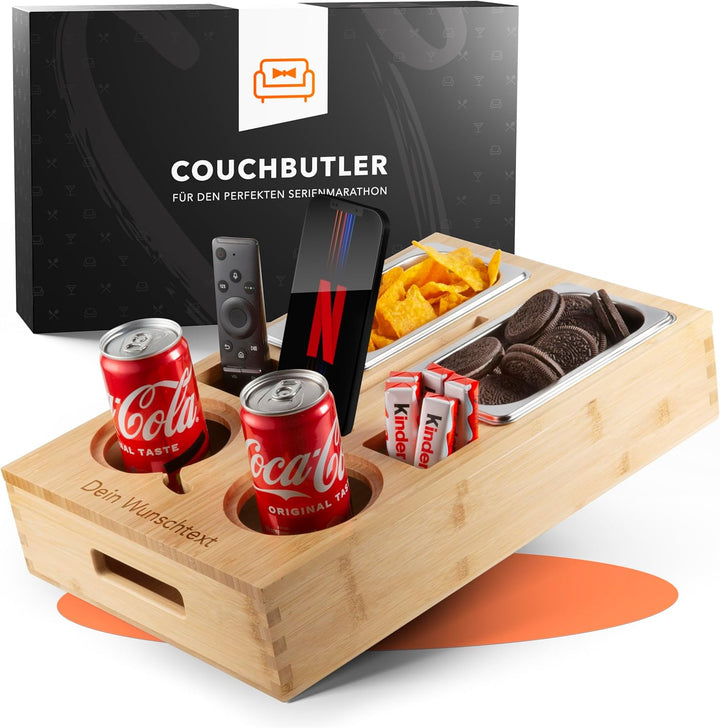 NewHabitat | Couchbar - Personalisierbare Snackbox aus Bambus mit Gravur | Sofa Tablett mit 2 Snacks