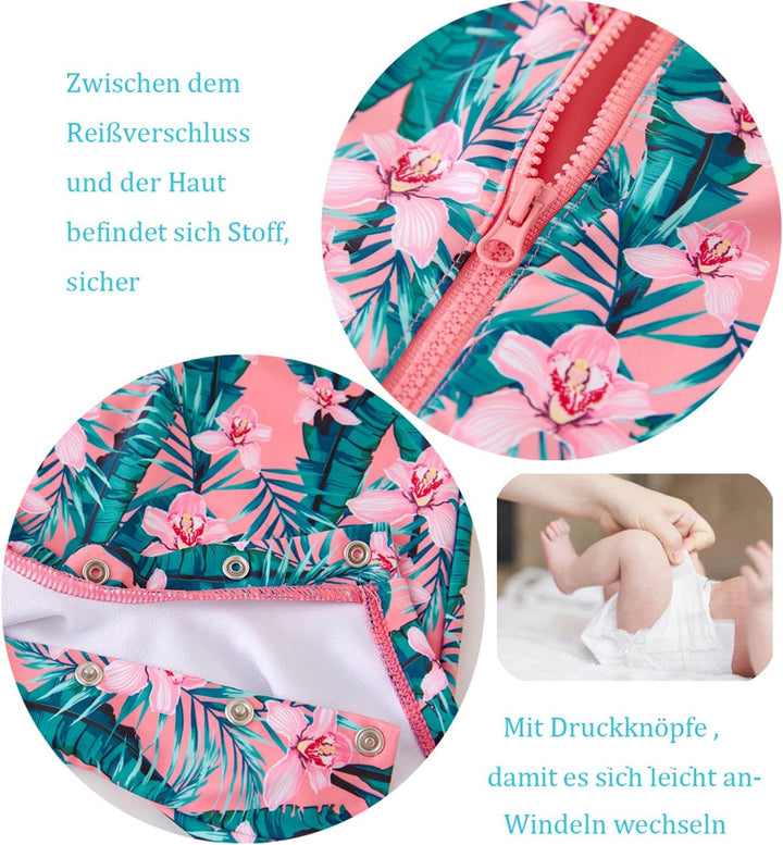UMELOK Baby Badebekleidung Mädchen Badeanzug mit Sonnenhut UV Schutz 3-6 Monate Tropische Pflanze, R