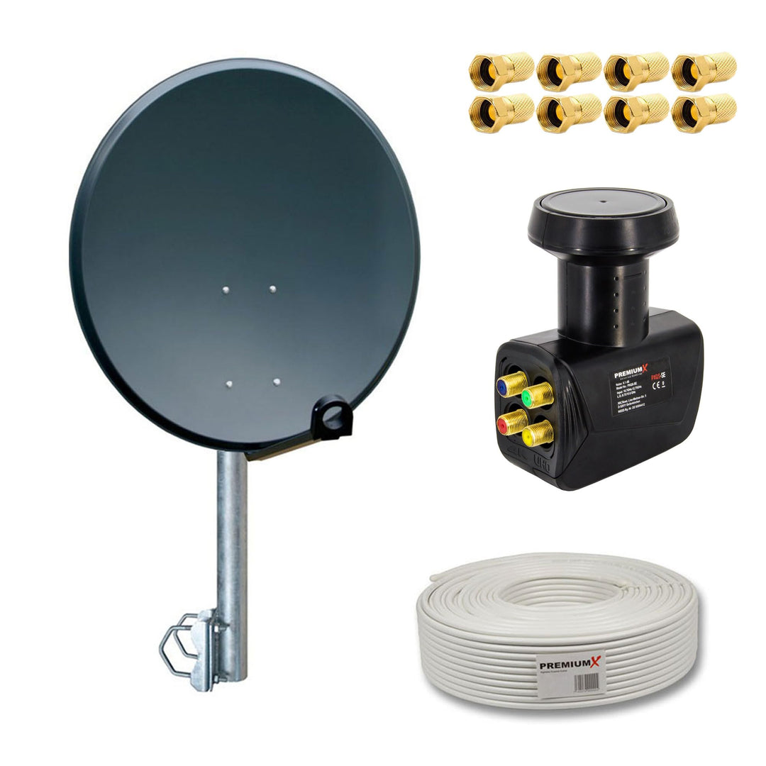 PremiumX Balkon Satelliten-Komplettanlage 4 Teilnehmer 60cm SAT Antenne Quad LNB 10m Kabel 8X F-Stec