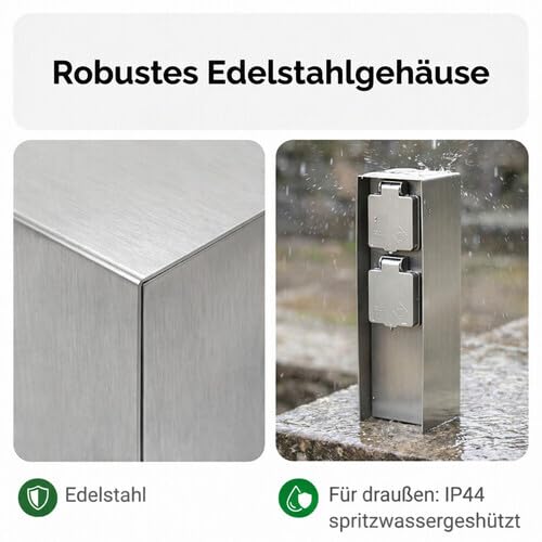 LED Universum Gartensteckdose aus Edelstahl, IP44 für aussen, 23cm (Silber 2-fach), Silber 2-fach