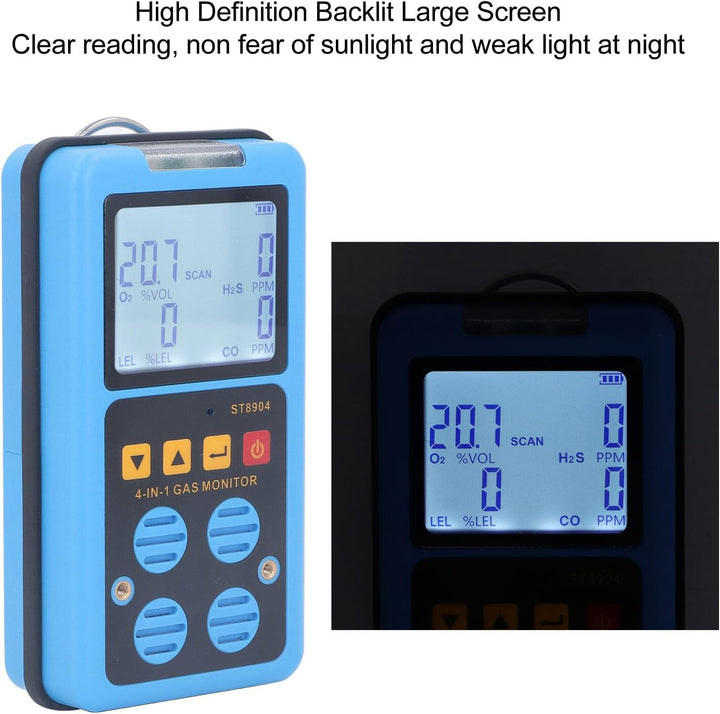 4-in-1-Gasdetektor, Multi-Gas-Monitor, CO H2S O2 LE Gasanalysator, Erdgastester, Alarm, Hintergrundb