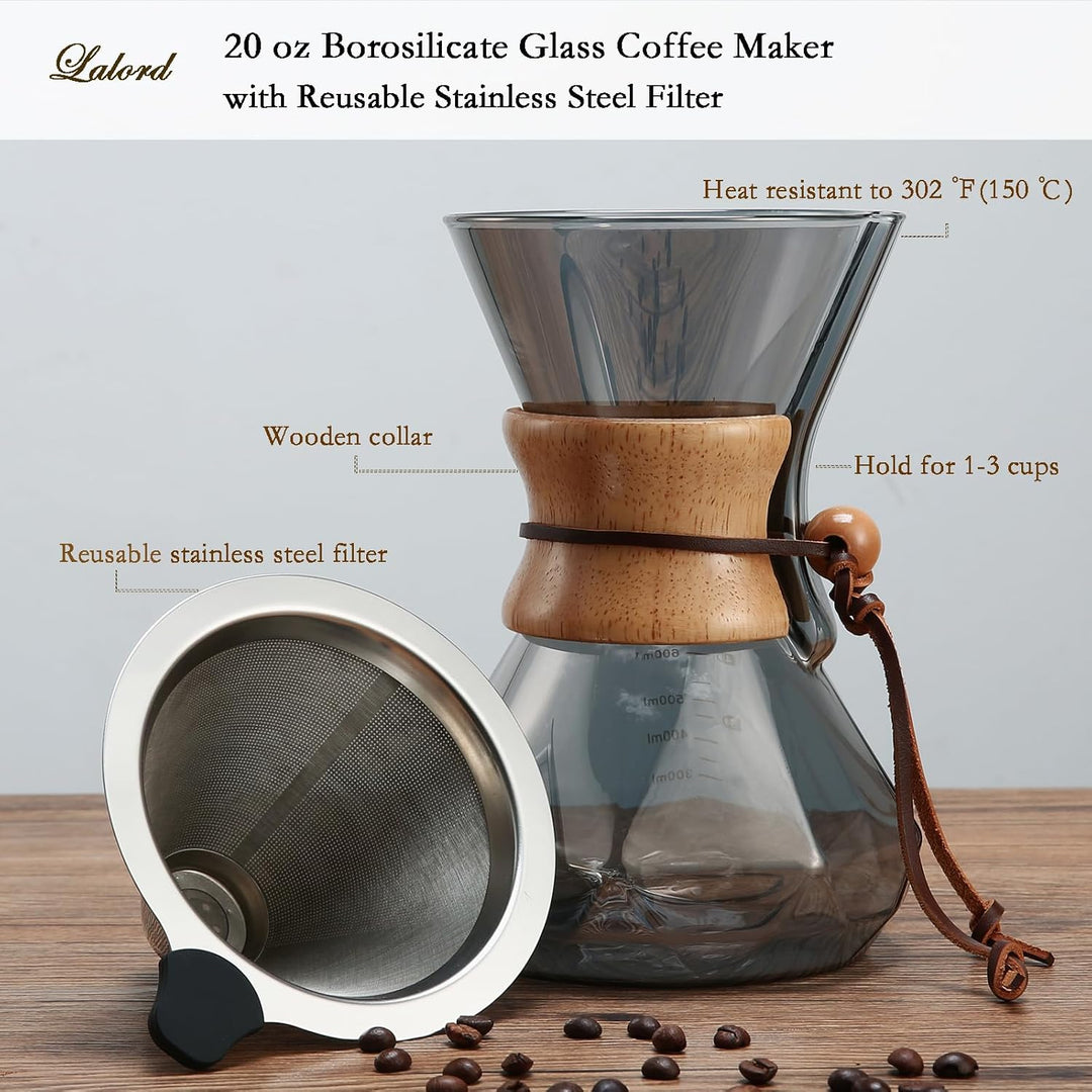 Lalord Pour Over Kaffeebereiter mit Edelstahlfilter, 600 ml Borosilikatglas Kaffeekaraffe, Holzkrage