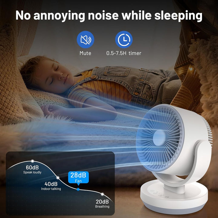 Leiser Tischventilator mit Kühlfunktion, 3 Geschwindigkeitsstufen, starker Luftstrom, 90° verstellba