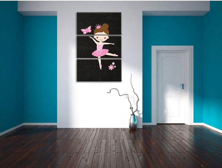 Pixxprint Ballerina mit Schmetterling und Blumen schwarz 3-Teiler Leinwandbild 120x80 Bild auf Leinw