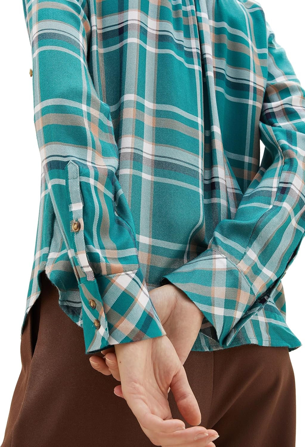 TOM TAILOR Damen Bluse mit Karomuster & Turn-Up Ärmel, 33993 - Teal Beige Check