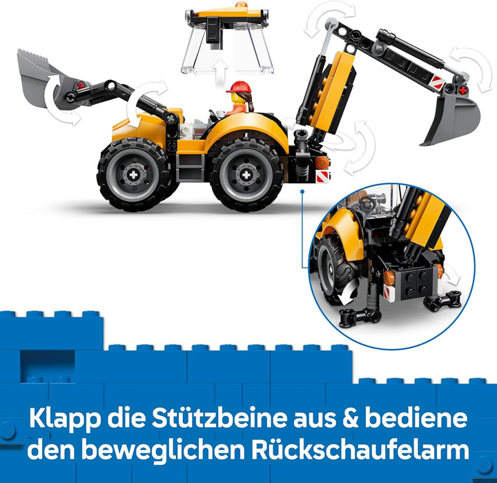 LEGO City Gelber Baggerlader - Baufahrzeug Spielzeug - Traktor mit 2 Minifiguren, funktionierender F