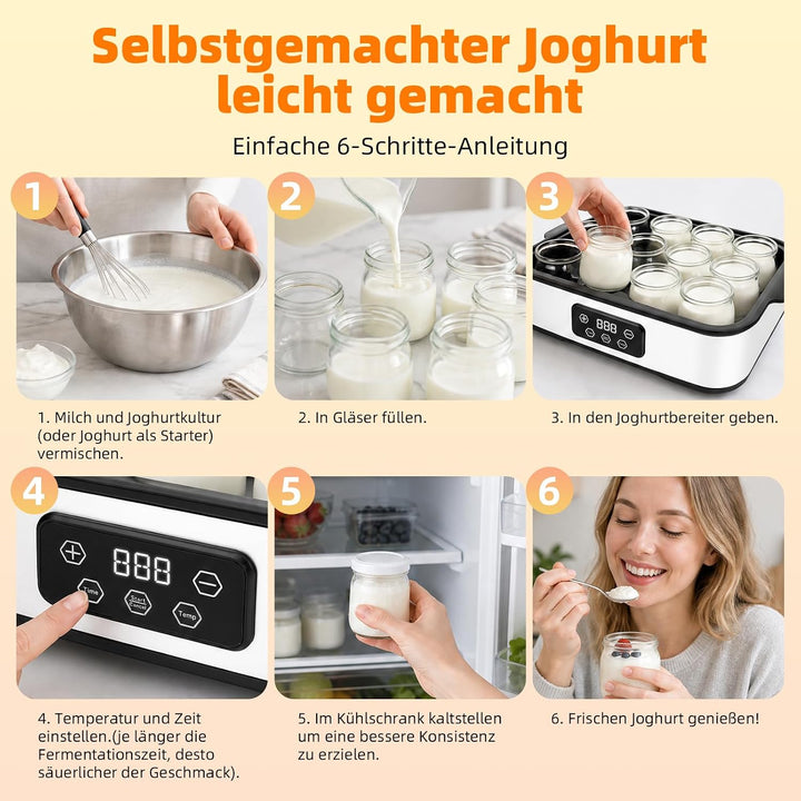 Joghurtbereiter 25W inkl. 12 Gläsern à 180 ml, Joghurtmaschine mit Temperatur und LCD Display Timer,