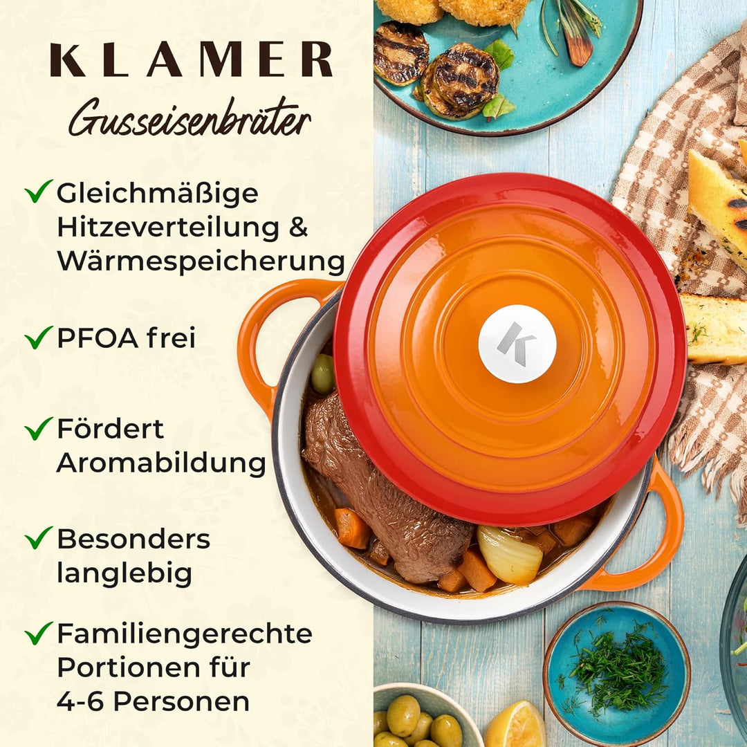 KLAMER Gusseisen Bräter 5 L, Gusseisen-Topf 26 cm backofengeeignet, Emaille Schmortopf mit Deckel, P