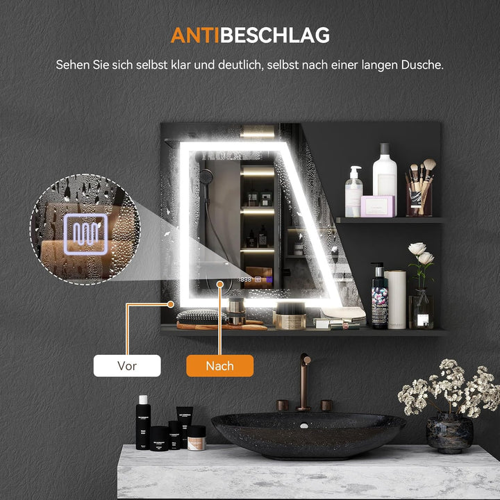 YU YUSING Badspiegel mit Beleuchtung 80x60cm, LED Badezimmerspiegel Mit Uhr | Beschlagfrei, Touch-Sc
