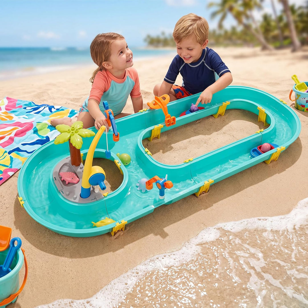 Wasserbahn Kinder Draussen 58-TLG. Wassertisch Spielzeug – Schleusen, Boote & Magnet-Angel inkl. 6 T