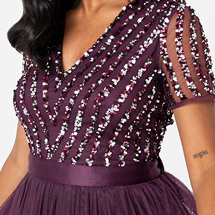 Maya Deluxe Damen Ballkleid Abendkleid V-Ausschnitt Maxi Länge Pailletten Kurze Ärmel für Hochzeit G