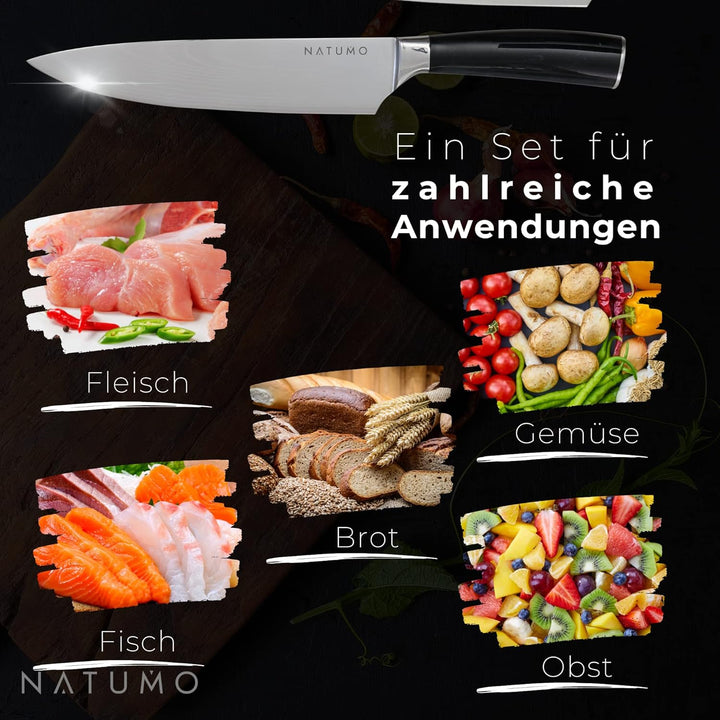NATUMO Küchenmesser Set 9-teilig. HRC 56+ scharfes Messerset Profi in Damast-Optik aus Allzweckmesse