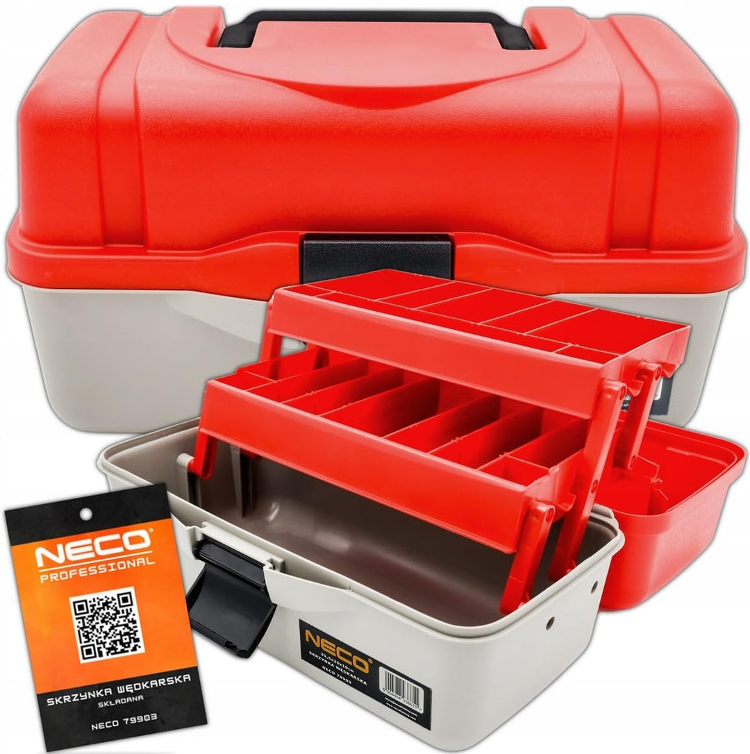 NECO Angelbox Rot mit 2 Schubladen – Tackle Box 35,5x20x19 cm | Angelkoffer mit Fächern für Köder, H