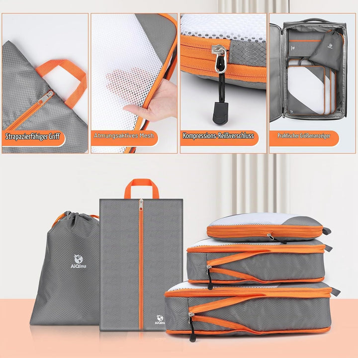 AiQInu Packing Cubes Compression, 5 Stück Packtaschen Kompression Koffer Organizer Set mit Wäschebeu