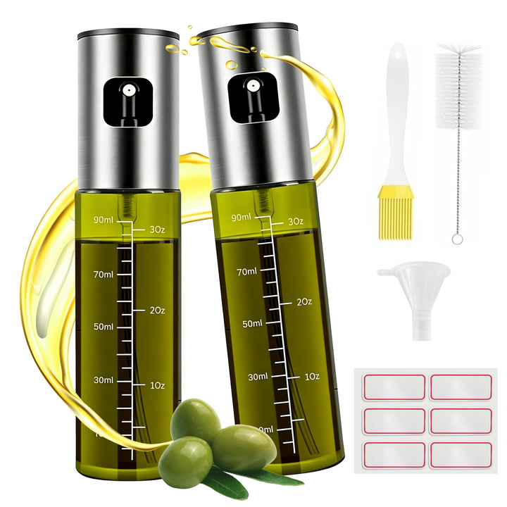 Ölsprüher für Speiseöl, 2 Stück UV-Schutz Sprühflasche Öl, Glas mit Etiketten Öl Zerstäuber Küche Öl