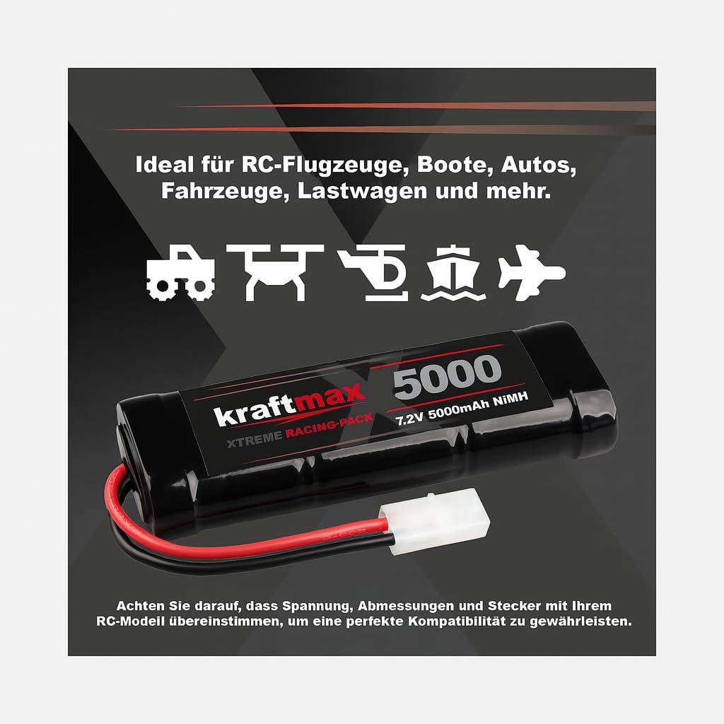 Kraftmax Akku Racing-Pack mit Tamiya-Stecker - 7,2V / 5000mAh / NiMH Akku/Hochleistungs RC Akkupack