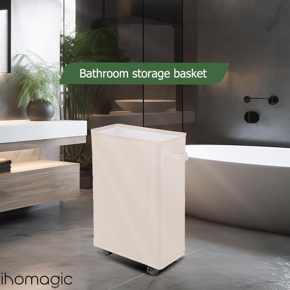 IHOMAGIC 40L Wäschekorb mit Rädern, Faltbarer Wäschesammler mit Rollen, Schmal Rechteckiger Wäschebe